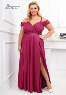 Dlouhé amarantové brokátové společenské šaty "Valentina" se spadenými rukávy - vel. 50
