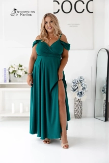 Dlouhé lahvově zelené hladké společenské šaty "Valentina" se spadenými rukávy - vel. 50