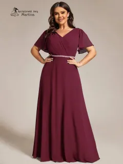 Jednoduše elegantní vínové šaty s motýlími rukávy a třpytivým páskem "Claudine"