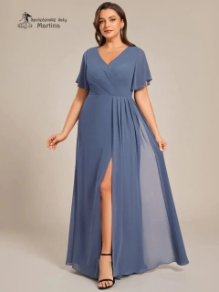 Elegantní staromodré plus size společenské šaty s volnějším krátkým rukávem "Janine"