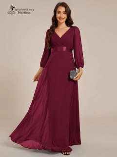 Dlouhé vínové šifonové společenské šaty “Camelia” s 3/4 rukávem