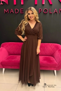 Čokoládové dlouhé asymetrické šifonové šaty "Abigail" s ¾ rukávem