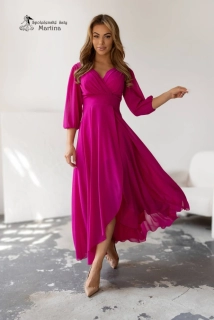 Fuchsiové dlouhé asymetrické šifonové šaty "Abigail" s ¾ rukávem
