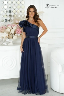 Tmavě modré dlouhé tylové šaty na jedno rameno "Lexine"