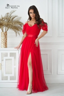 Červené dlouhé tylové šaty se spadenými rukávy "Jacqueline"