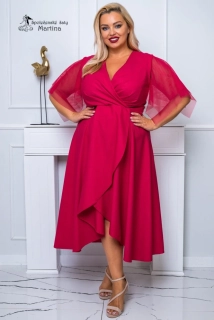Malinové třpytivé midi společenské šaty "Elena" s efektním překládaným výstřihem a motýlími rukávy  