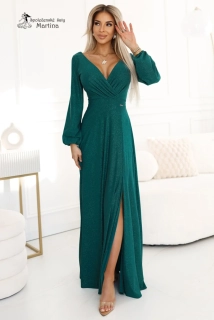 Smaragdové brokátové dlouhé společenské šaty "Nela" s dlouhými rukávy  
