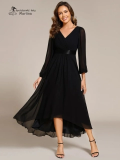 Černé midi asymetrické šifonové společenské šaty "Angela" s rukávy