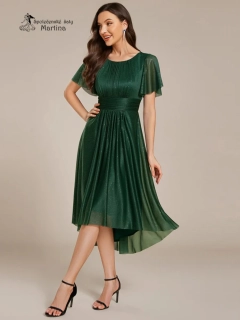 Lahvově zelené krátké midi jemně třpytivé šaty "Joel" s lodičkovým výstřihem