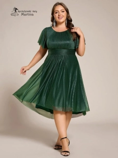 Lahvově zelené plus size krátké midi jemně třpytivé šaty "Joel" s lodičkovým výstřihem