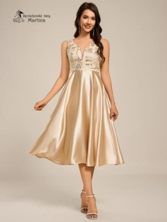 Champagne midi společenské šaty "Basmath" s pevnou saténovou sukní a zdobeným živůtkem