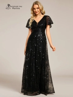 Černé dlouhé večerní plesové šaty "Jami" s krátkým volným rukávem