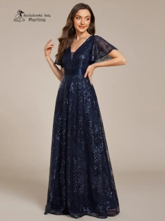 Tmavě modré dlouhé večerní plesové šaty "Jami" s krátkým volným rukávem