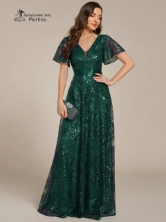 Lahvově zelené dlouhé večerní plesové šaty "Jami" s krátkým volným rukávem
