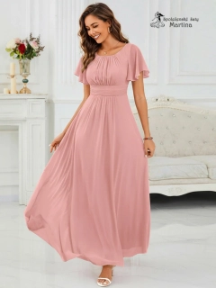 Růžové šifonové šaty s rukávkem a žabičkováním na zádech "Stela"
