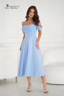 Světle modré hladké midi šaty "Sunshine" se spadenými ramínky