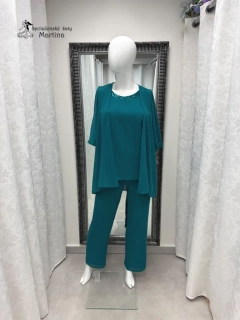 Smaragdově zelený šifonový 3-dílný kalhotový komplet "Dagmara" - vel. 46