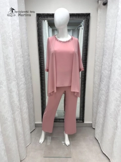 Pudrově růžový šifonový 3-dílný kalhotový komplet "Dagmara"