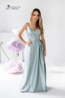 Šalvějově zelené saténové společenské šaty "Stella" s rozparkem a překládaným živůtkem