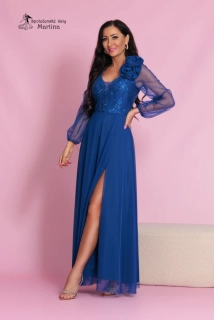 Královsky modré plesové šaty s dlouhými tylovými rukávy a sukní "Saffron"