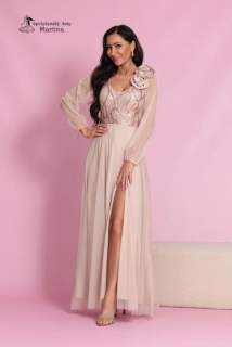 Béžové plesové šaty s dlouhými tylovými rukávy a sukní "Saffron"