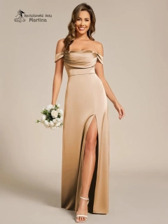 Zlaté saténové společenské šaty se spadenými ramínky a na šněrování "Blanca"