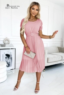 Starorůžové midi plisované šaty "Mia" s širokým páskem - vel. UNI