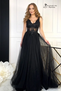 Černé maturitní tylové šaty "Peony" s krajkovým živůtkem a na šněrování