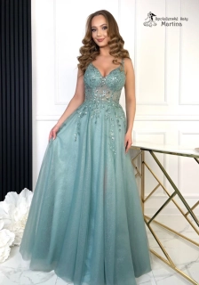 Eukalyptové plesové šaty "Ferrero" s vyšívaným korzetem a jemným třpytem