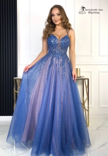 Modro-růžové tylové šaty "Hortenzie" s korálkovou výšivkou a jemným třpytem 