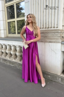 Amarantové saténové společenské šaty "Stella" s rozparkem a překládaným živůtkem