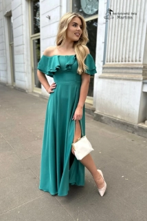 Zelené šaty s volánem "Natalia" s odhalenými rameny a rozparkem
