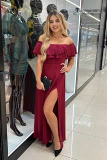 Vínové šaty s volánem "Natalia" s odhalenými rameny a rozparkem