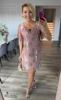 Krátké starorůžové společenské šaty "Zanna" se zlatým květinovým vzorem
