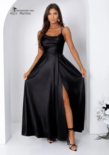 Černé saténové společenské šaty "Valeria" s jemně nabíraným živůtkem a rozparkem