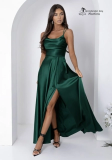 Lahvově zelené saténové společenské šaty "Valeria" s jemně nabíraným živůtkem a rozparkem