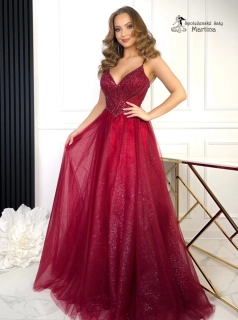Vínové třpytivé tylové společenské šaty "Perla" s nádherným bohatým zdobením v živůtku