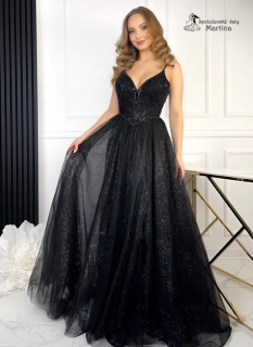 Černé třpytivé tylové společenské šaty "Perla" s nádherným bohatým zdobením v živůtku