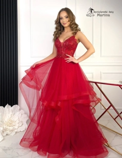 Červené tylové společenské šaty "Violet" s korálky a vrstvenou sukní