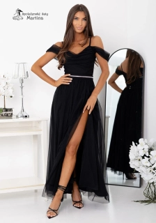 Černé tylové společenské šaty "Kiara" s rozparkem a spadenými rameny