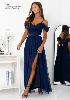 Tmavě modré tylové společenské šaty "Kiara" s rozparkem a spadenými rameny