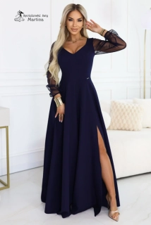 Tmavě modré dlouhé společenské šaty "Loretta" s jemnými rukávy z tylu