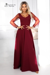 Vínové dlouhé společenské šaty "Loretta" s jemnými rukávy z tylu