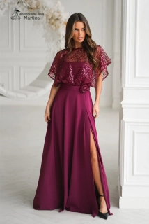 Vínové společenské šaty "Phoenix" s flitrovým živůtkem a rozparkem