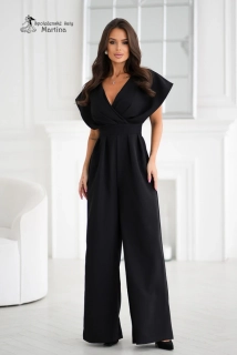 Černý společenský overal "Gota" s překříženým výstřihem a širokými nohavicemi