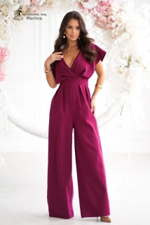 Vínový společenský overal "Gota" s překříženým výstřihem a širokými nohavicemi