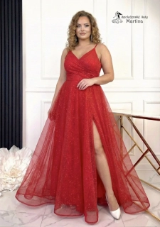 Červené třpytivé maturitní šaty "Venus" s obálkovým živůtkem a rozparkem - vel. XXXL