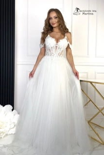 Bílé třpytivé společenské šaty "Inéza" se spadenými ramínky