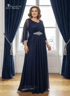 Tmavě modré jemně třpytivé společenské šaty "Izabella" s motýlími rukávy