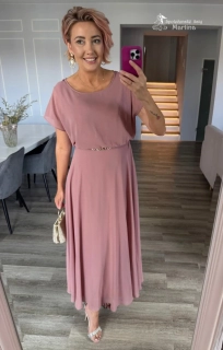 Starorůžové společenské šaty "Magnolia" s ozdobným páskem a splývavou sukní